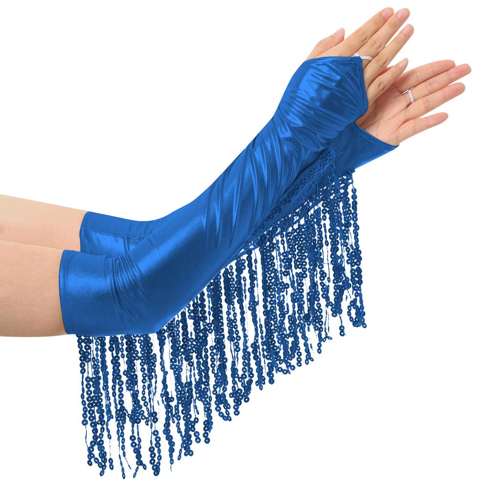 Adult Elbow Length Fingerless Gloves: Sparkling Sequined Tassel Design, Metallic Shiny Stage Opera Cosplay & Party Mittens