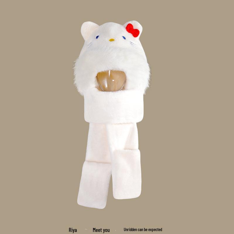 Women's Cozy Fox Ear Plush Hat with Integrated Scarf - Warm, Soft Lei Feng Design for Autumn and Winter. Perfect Ear Protection for Students.