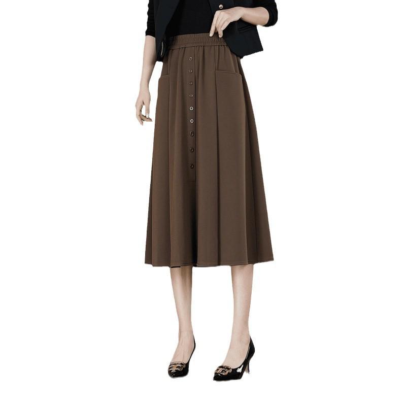 Damen Elastischer Bund Midi Rock - Frühling/Herbst Stil, Lässige Schlanke Passform mit Taschen