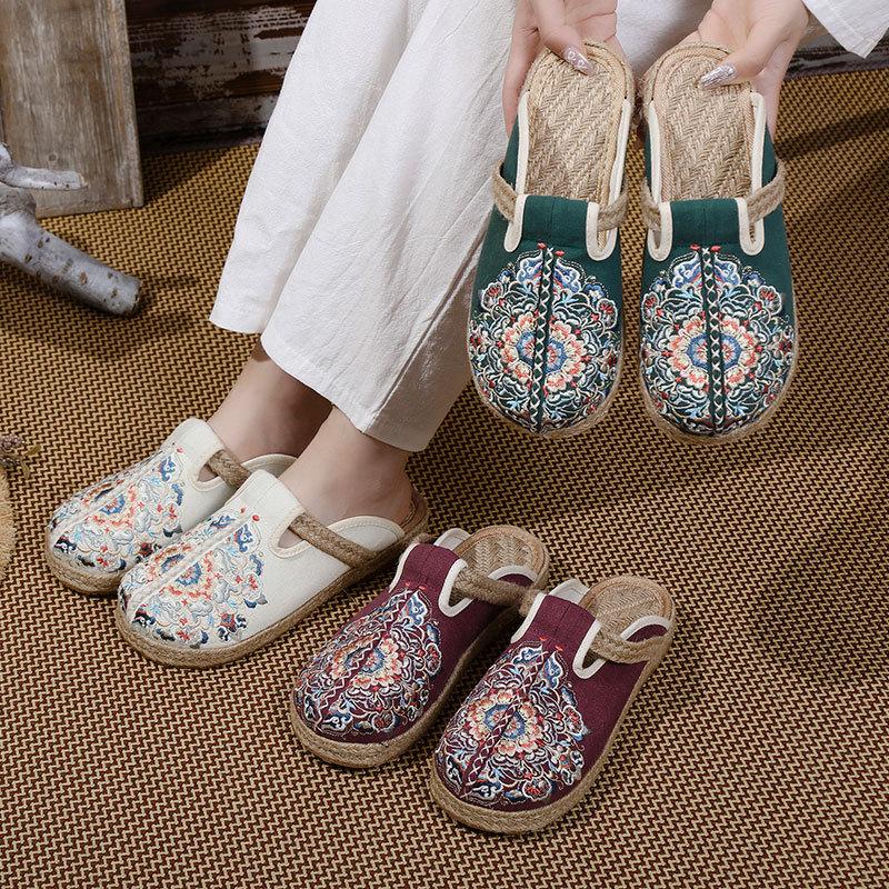Summer new bag head half slippers women can wear ethnic style embroidered cool slippers flat heel thick sole linen lazy shoes