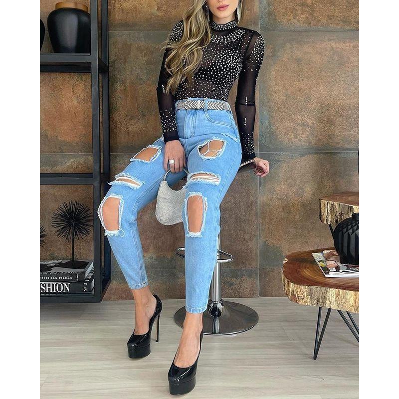 Women Sexy Long Sleeve Black Top European and American Women's Clothing Diamond Sheer Mesh Black Tops