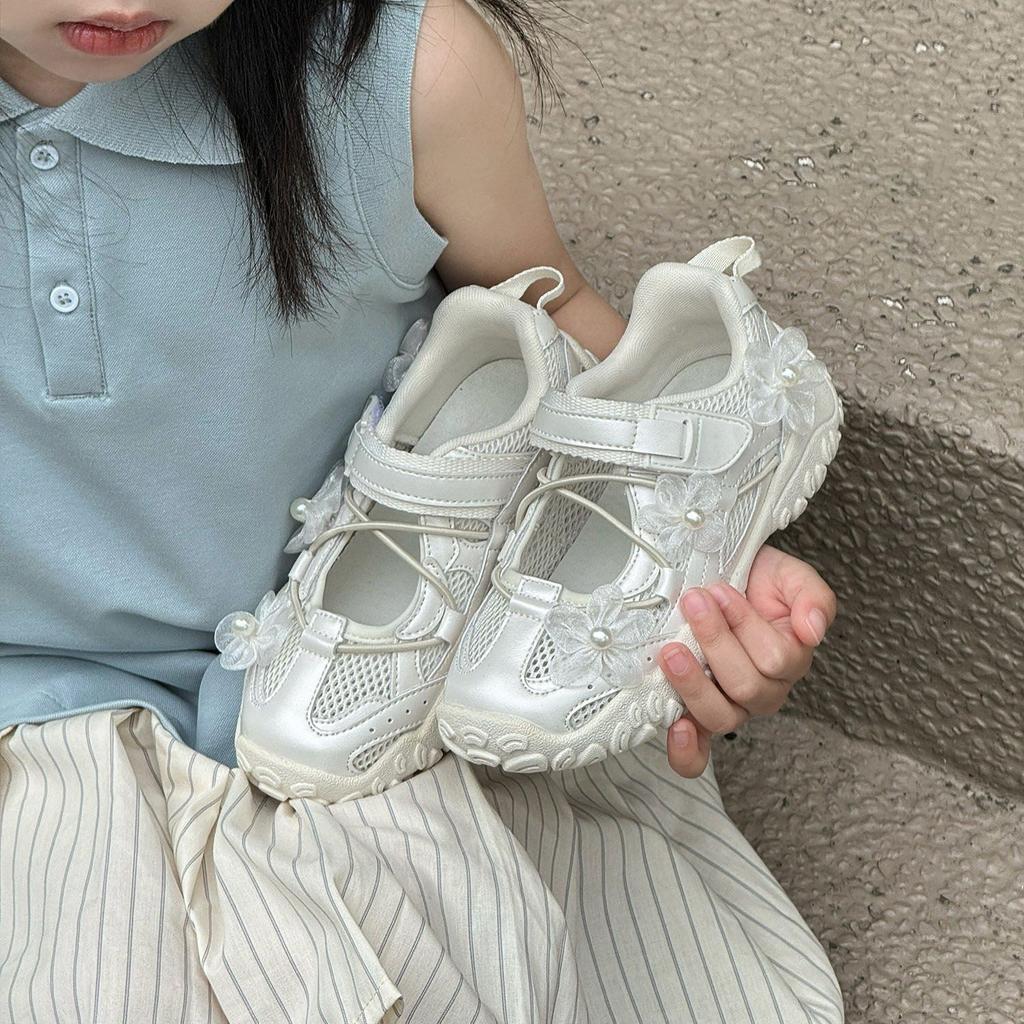Summer Kids Sport Sneakers for Girl Pearl Lace Mary Jane Flats Lightweight Non-Slip Back To School Children Running Sandals