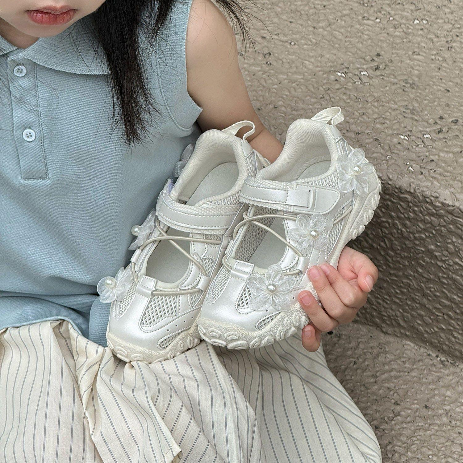 

Summer Kids Sport Sneakers for Girl Pearl Lace Mary Jane Flats Lightweight Non-Slip Back To School Children Running Sandals 36-insole 22.2cm