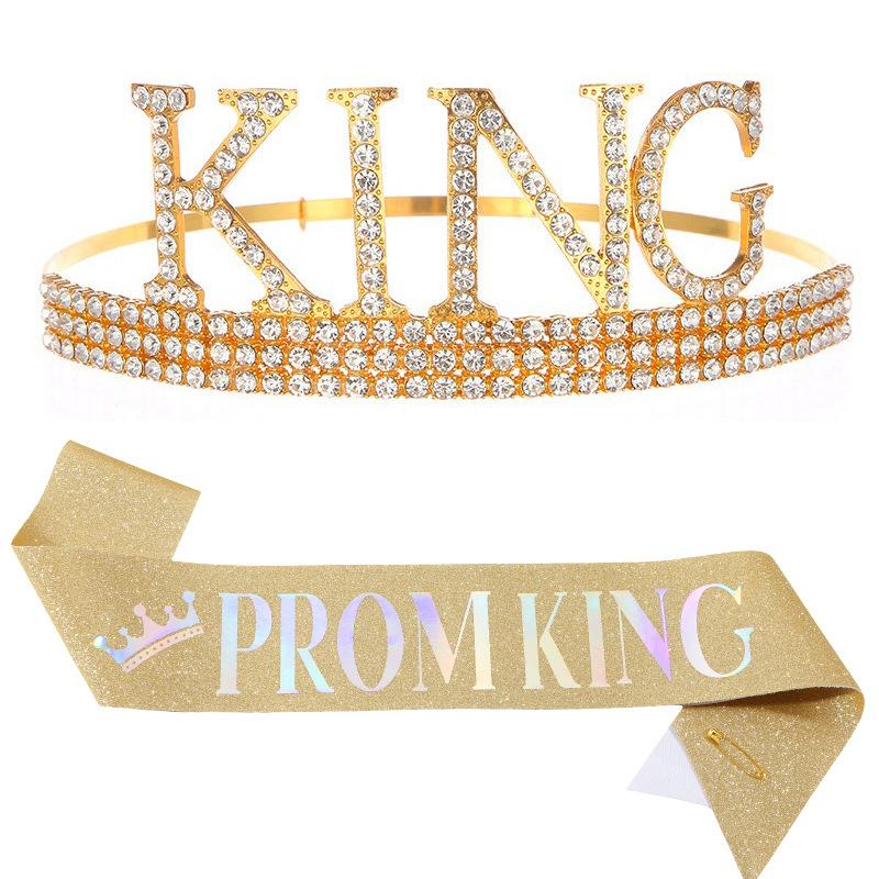 Men's Crown Glitter Ceremony Belt Set Men's PROM KING Crown Headdress Prom Party Gift