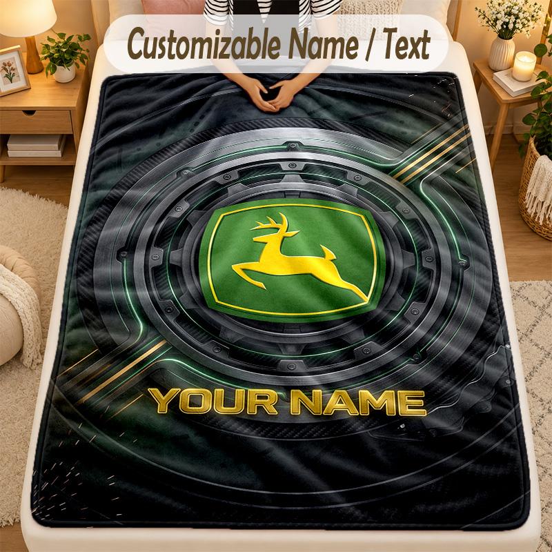 Flannel BlanketJohn Deere Custom Name Text Personalized Soft Warm Throw Blanket Home Decor Gift
