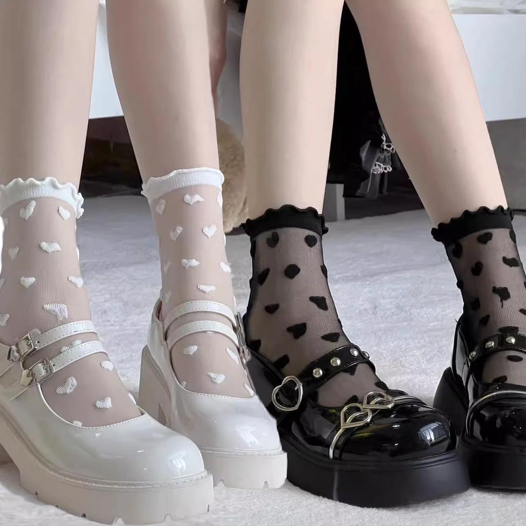1/2 paia Calzini Neri Trasparenti Donna Estate Elastici Cuore Seta Calza Cristallo Caviglia Pizzo Arricciato Sox Grembiule JK Calzino Corto