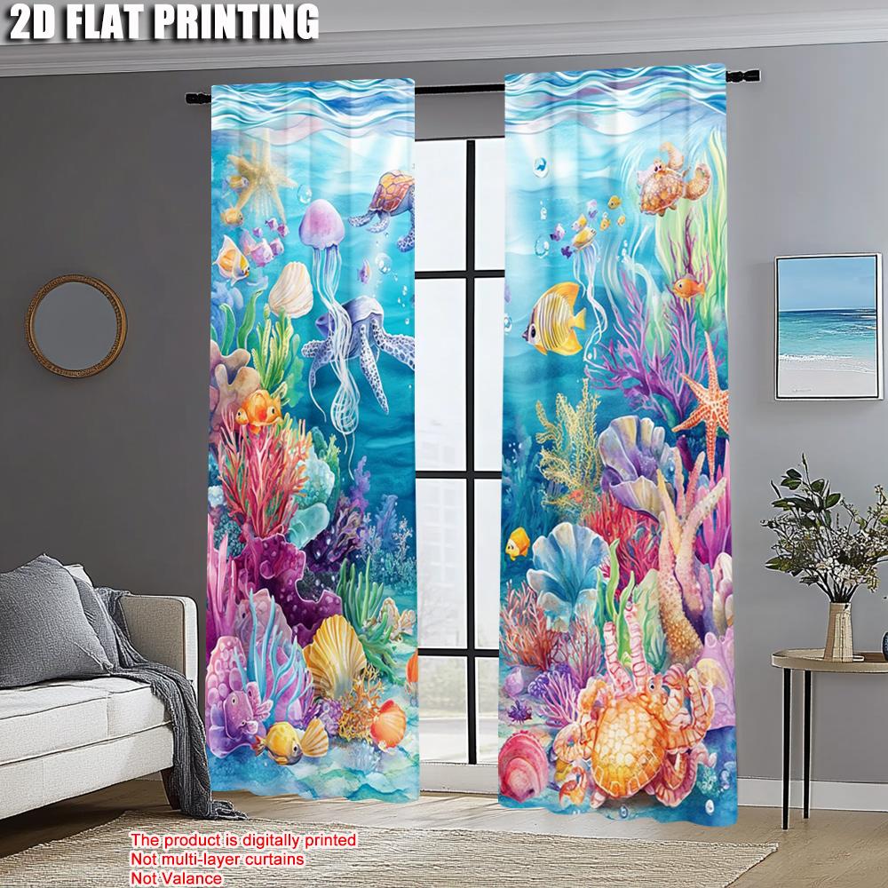 2pcs, Contemporary Curtains 2D Print Ocean Sea Versatile Polyester Fabric (without Rod) All Seasons Perfect for Bedroom & Living