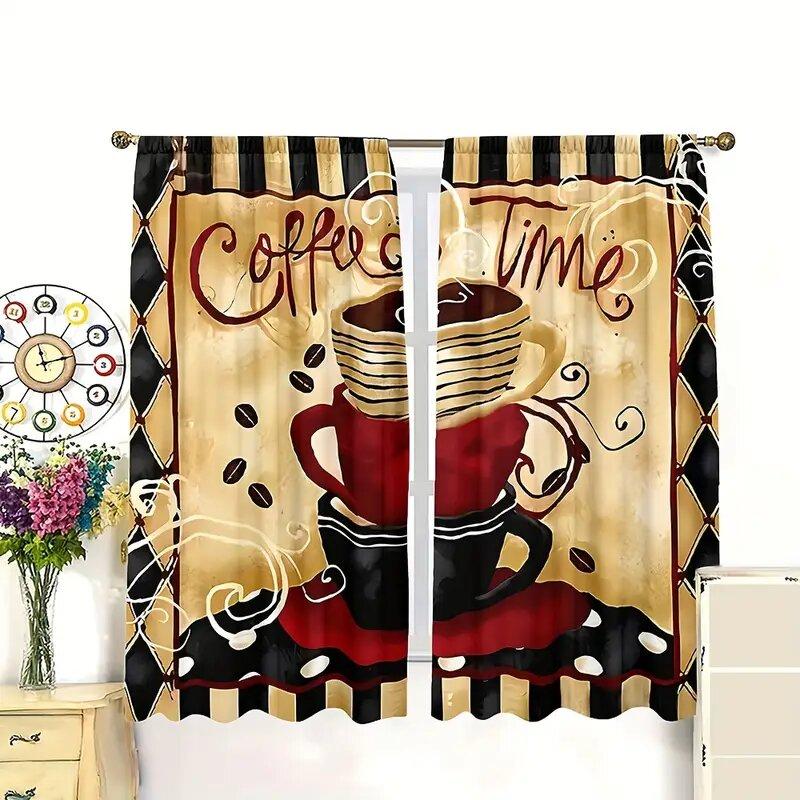 Set Of 2 Colorful Coffee Geometric Pattern Printed Curtains Window Decorations Home Room Curtain Polyester