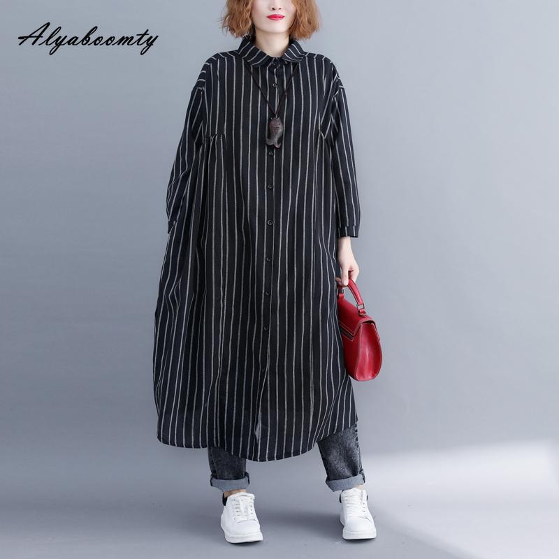 

Женская длинная блузка больших размеров на осень и весну больших размеров, повседневная свободная черная, белая, серая, темно-синяя полосатая кардиган, элегантная женская рубашка One Size чёрный