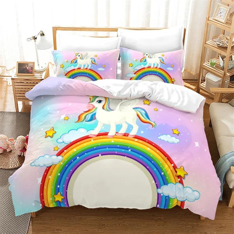 Cartoon Rainbow Duvet Cover Twin Kawaii Kids Girls Clouds Star Animals Print Bedding