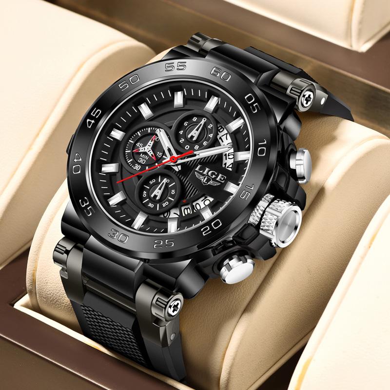 LIGE Sports Mens Watches Silicone Strap Chronograph Man Wristwatch Luminous Date Quartz Male Clock Function Small Dial Wach Box