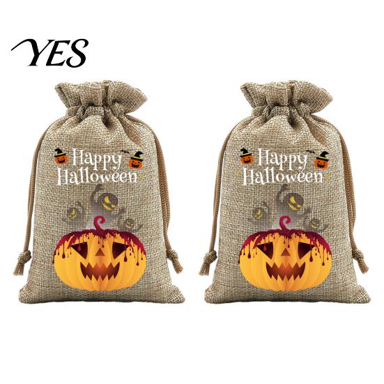 Trick or Treat Party Souvenirs 2Pcs Halloween Pumpkin Drawstring Bags for Candy Treats, Retro Burlap Cute Ghost Theme Pouches Bags, Portable