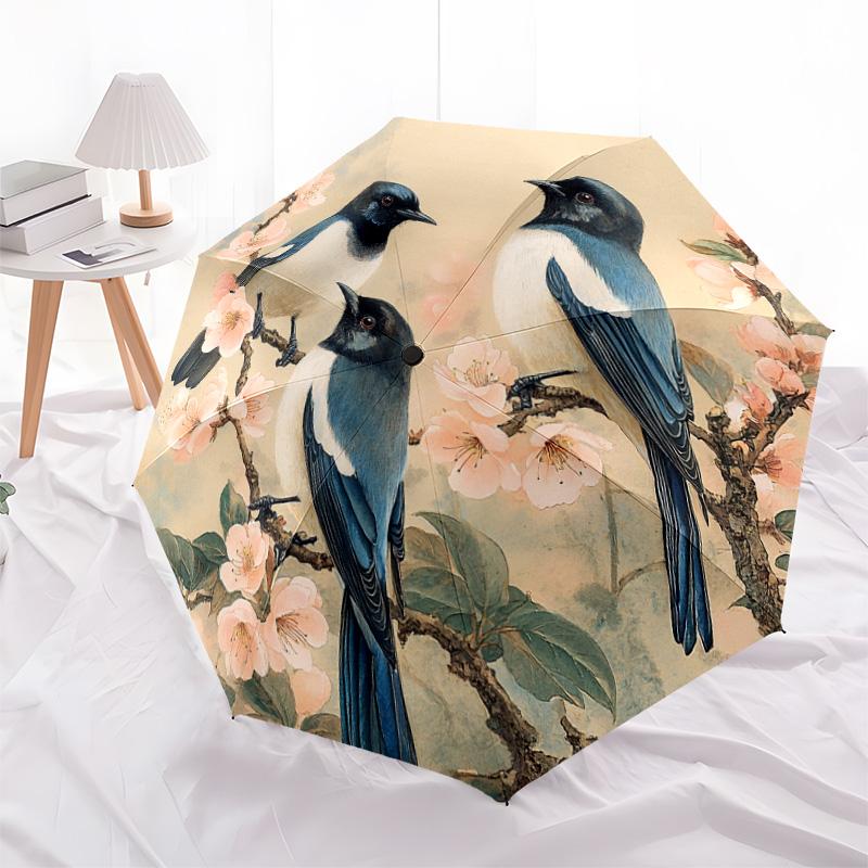 1 Stück Automatischer Faltregenschirm - Muster mit Vögeln auf Ästen, Tragbares & Faltbares Design mit 8 Speichen, Weihnachts-Geburtstagsgeschenke