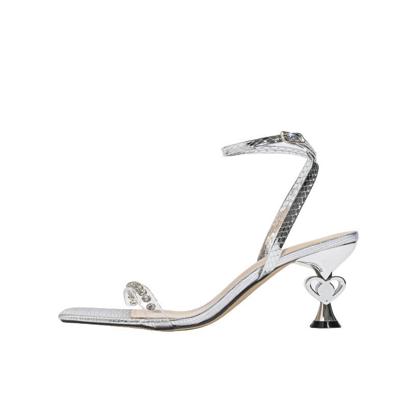 Women's new one-word sandals women's sexy transparent rhinestone fashion square head ankle strap stilettos