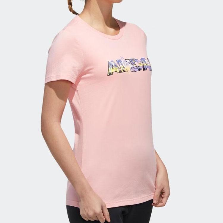 Adidas Letter Print Ribbed Crew Neck Sports T-Shirt Women Tops Pink FT2919