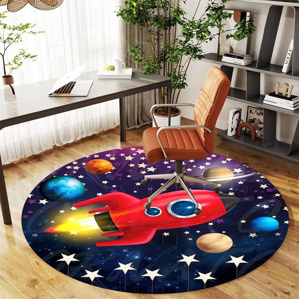 1pc Rocket Galaxy Round Chair mat Area Rug - Non-Slip, Floor Mat for Office, Bedroom, home decor Christmas Gift p0811130