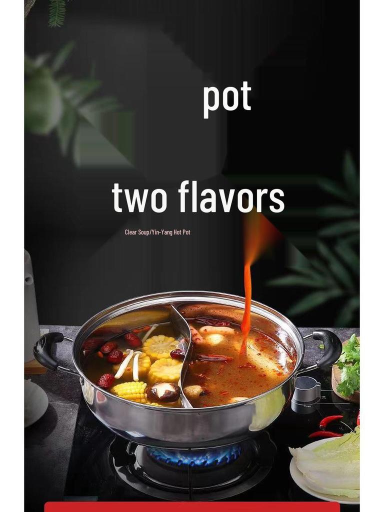 Yin-Yang Verdickter Edelstahl Hot Pot mit Deckel - Klare Suppe Shabu-Shabu Flachboden-Design, Kompatibel mit Gewerbeinduktionskochfeldern