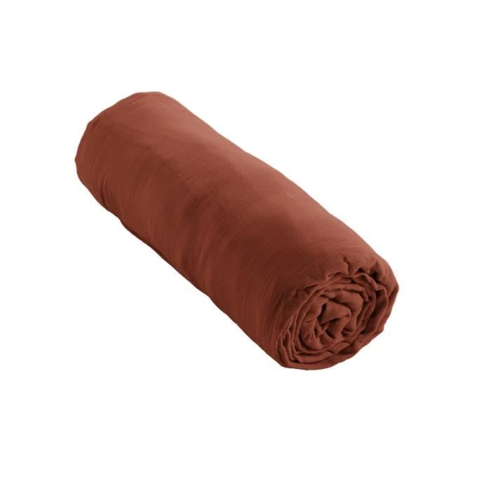 Drap housse - Gaia - Terracotta - 200 x 200 cm - 100% coton - Bonnet extensible 30 cm