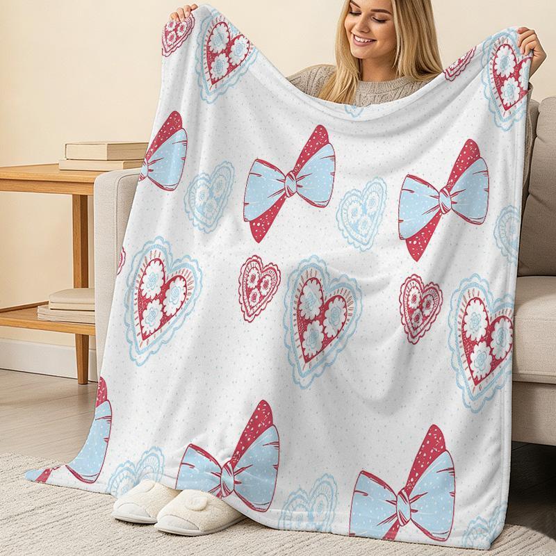 Flannel Blanket with Cute Bow & Heart Design, Soft Warm Cozy Couch Throw for Living Room, Christmas & Halloween Decor Gift