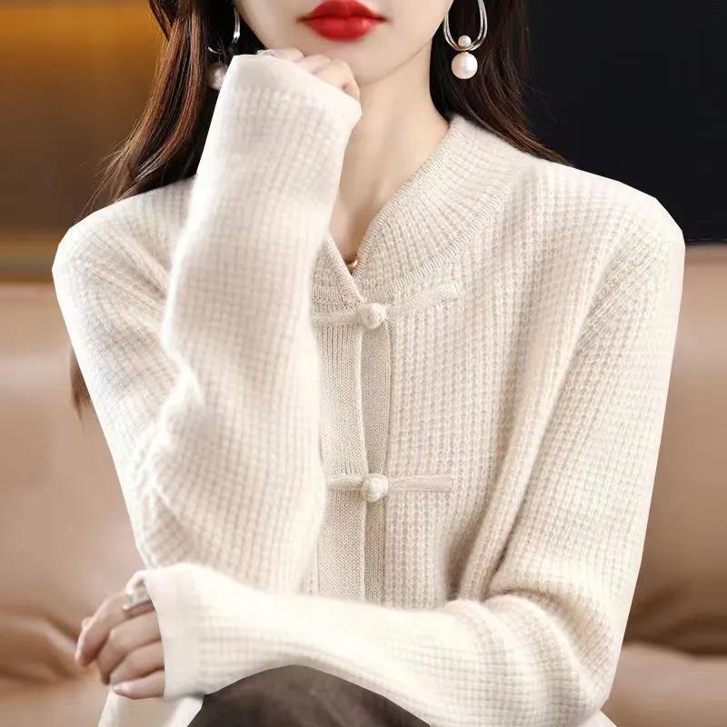 

Autumn Winter Women Knitted Sweater Cardigan Coat Stand Collar Retro Buckle Loose National Style Sweater Jacket Female Top XS