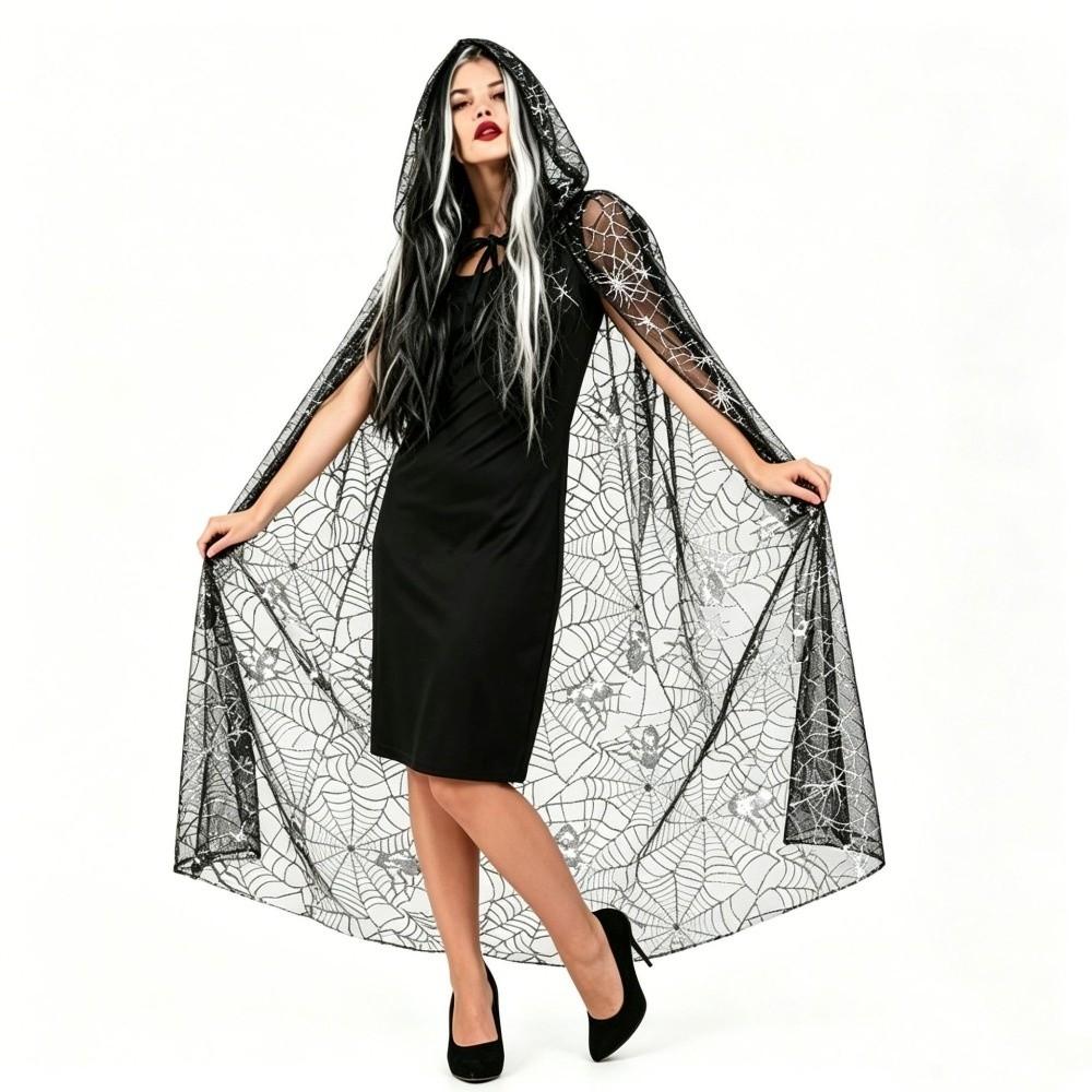 Leichter Halloween-Kapuzenumhang Halbtransparenter Langer Umhang Spinnennetz-Netzstoff Cardigan Damen