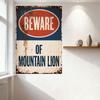Vintage Rustic Mountain Lion Warning Metal Tin Sign - Weathered Aged Rust Spots Faded Paint Blue Red Oval Decor for Man Cave Bar