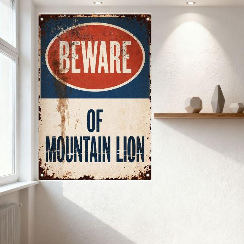 Vintage Rustic Mountain Lion Warning Metal Tin Sign - Weathered Aged Rust Spots Faded Paint Blue Red Oval Decor for Man Cave Bar