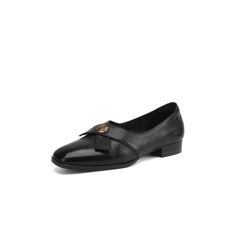 Cowhide version~ retro shallow mouth small leather shoes gold coin square head low heel grandma shoes one pedal black single shoes loafers