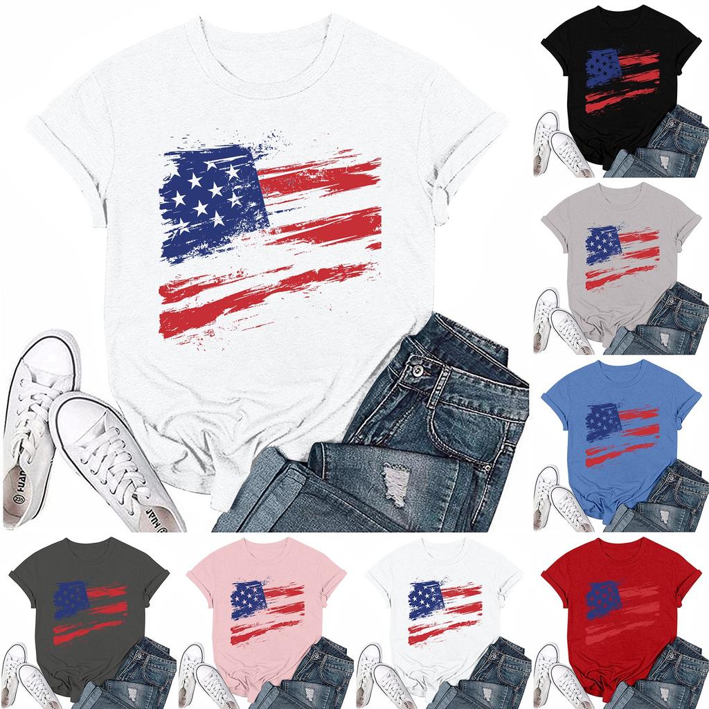 Adults Casual Daily Round Neck Independence Day Printed Short Sleeved T-shirt Letter Top