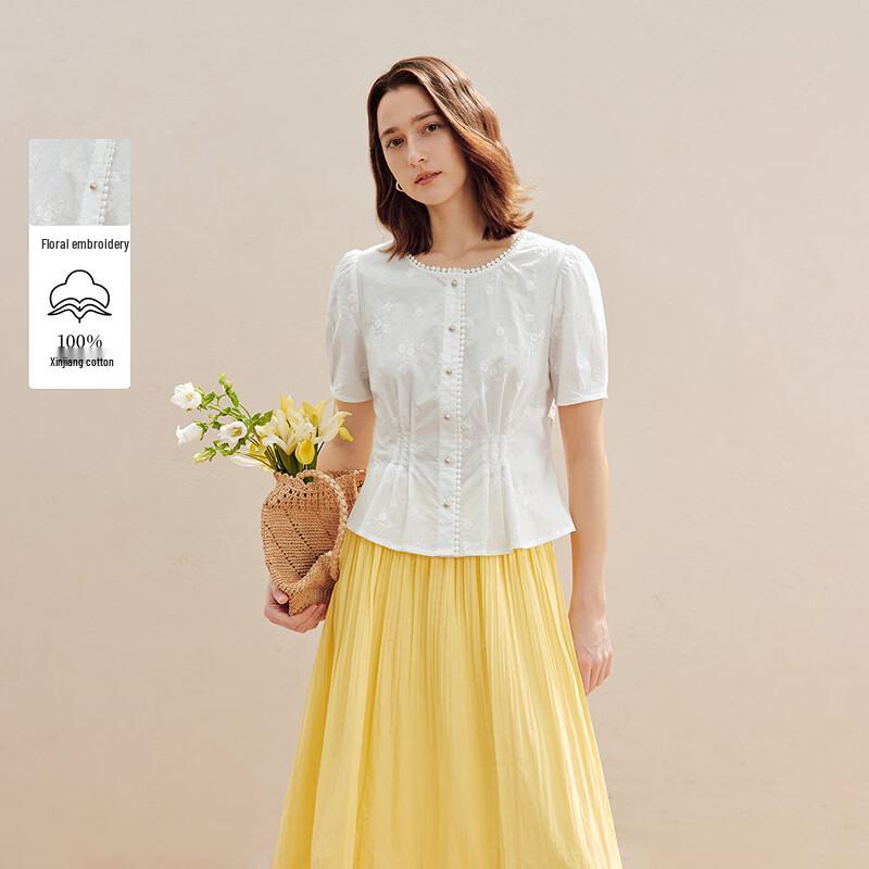 Inman French Embroidered Puff Sleeve Cotton Shirt M