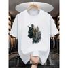 White Double Exposure Cat Forest Graphic Print Short Sleeve T-Shirt Loose Crew Neck Tee for Cat Lovers