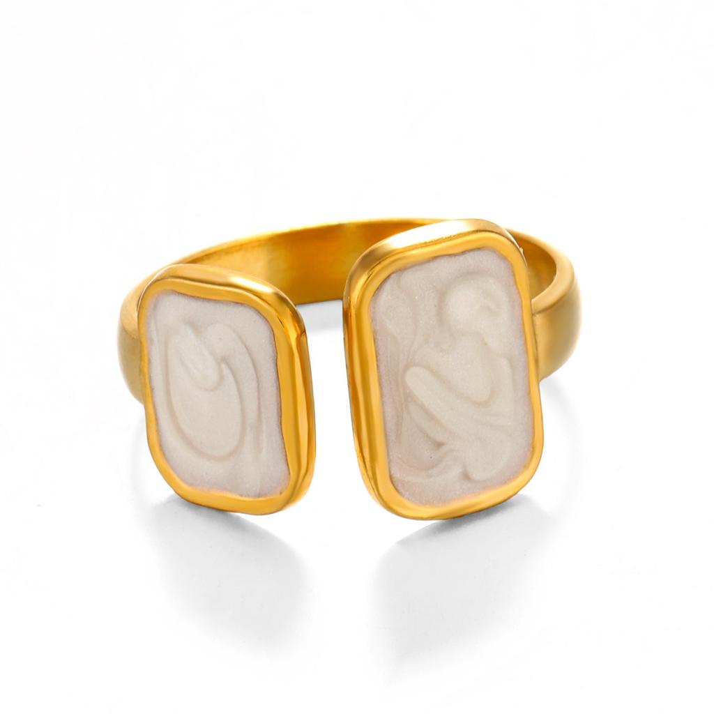 Stainless Steel White Dripping Oil Opened Ring for Women Square Vintage Gold Color Geometric Adjustable Finger Ring Jewelry