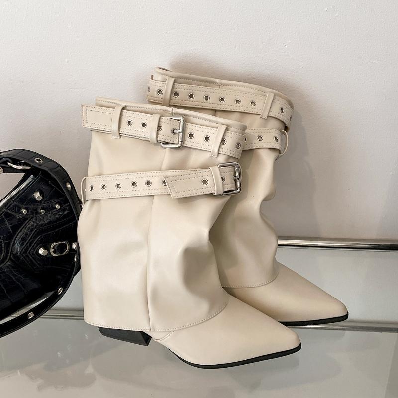 Autumn Vintage Thick Heel Women Western Cowgirl Boots Fashion Belt Buckle Ladies Elegant Slip On Mordern Mid Calf Booties