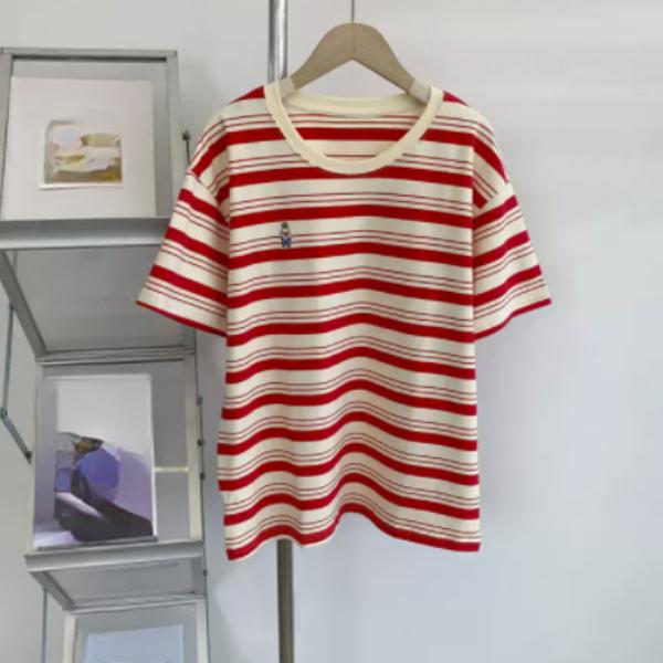 harajuku cartoon embroidery short sleeve T Shirt 2025 Summer fashion stripe T-shirt casual loose Women Clothing young girls white y2k Tops streetwear
