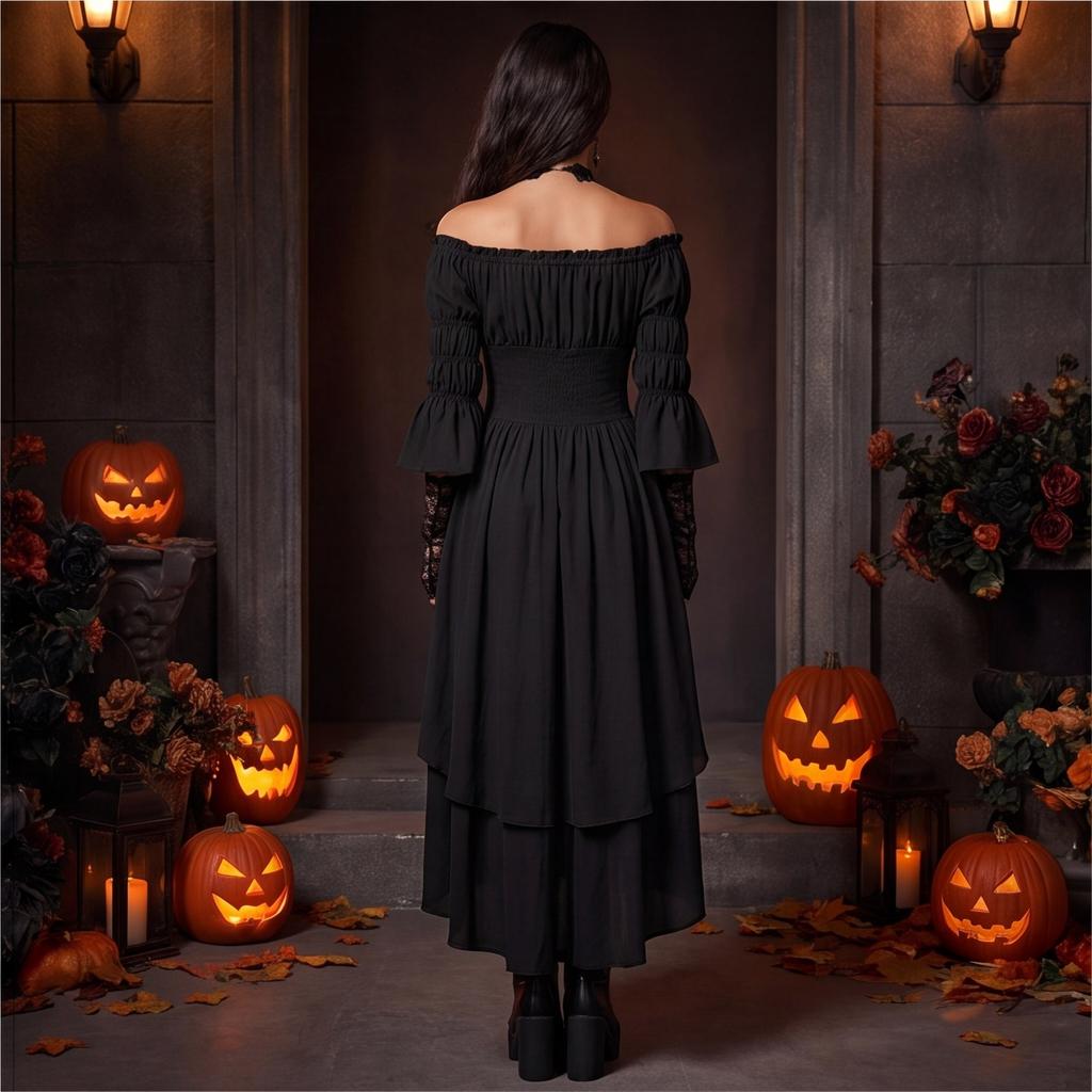 Damska Średniowieczna Renesansowa Gotycka Sukienka Odkrywająca Ramiona Korsetowa Talia Długi Rękaw Rozszerzany Rękaw Warstwowy Dół Styl Vintage Kostium Sukienka na Halloween