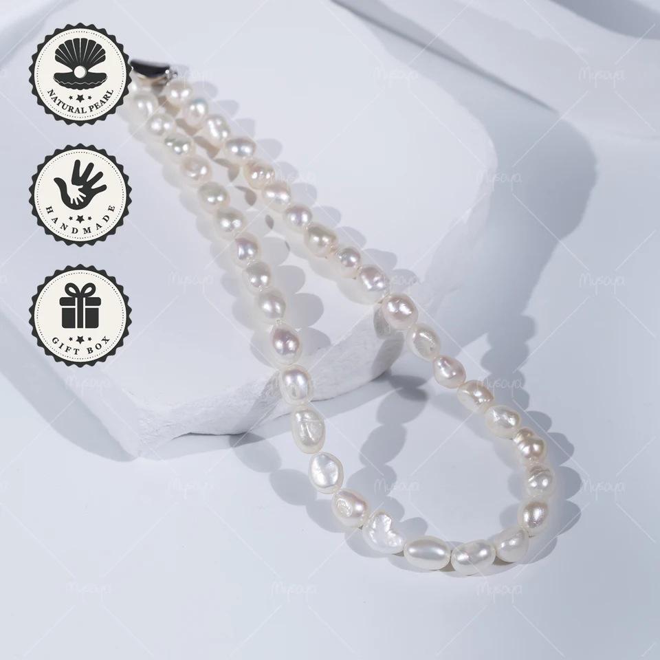 MYSOYA White Baroque Freshwater Pearl Necklace, 8-9mm with Silver Bar Clasp C555 35 cm