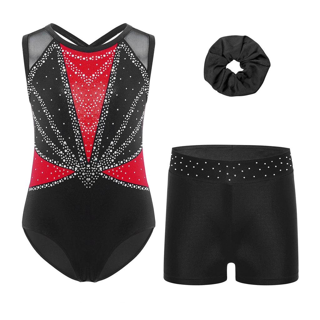 Girls Dance Gymnastics Outfit Sleeveless Crisscross Back Shiny Rhinestones Color Block Metallic Leotard Elastic Waistband Short