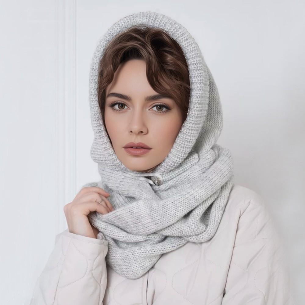 2 In 1 Knitted Hooded Scarf Solid Color Winter Crochet Beanie Hat New Neck Collar Hat  for Women