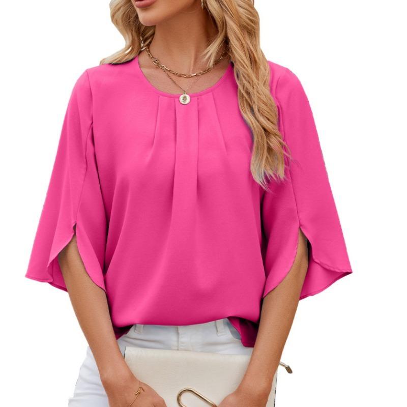 Solid Color Round Neck Five Quarter Sleeve Short Sleeved Loose Chiffon Top for Women Tops