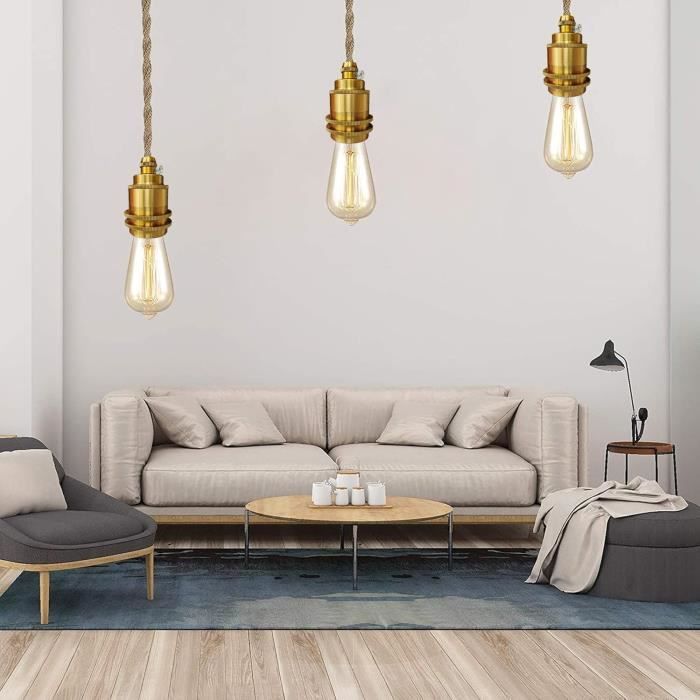 Lustre - Vintage - Corde De Chanvre - Métal Et Céramique - 180 Cm - E27 60W