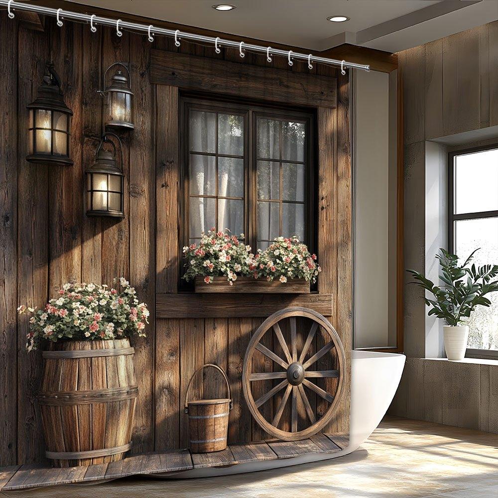 

1Pc Rustic Wooden Cabin Shower Curtain With Vintage Lanterns, Wagon Wheel, And Floral Planter Box Design - Machine Washable W60H190(CM)-1 Pcs
