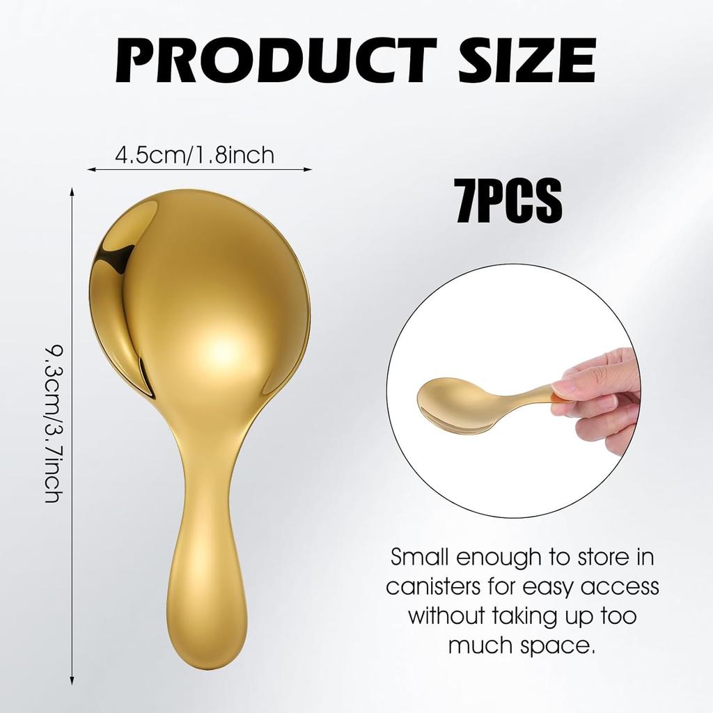 TIESOME 7 PCS Short Handle Spoons, Gold Stainless Steel Mini Scoops Thickened Small Round Spoon Small Coffee Scoops for Canisters Salt Sugar Coffee