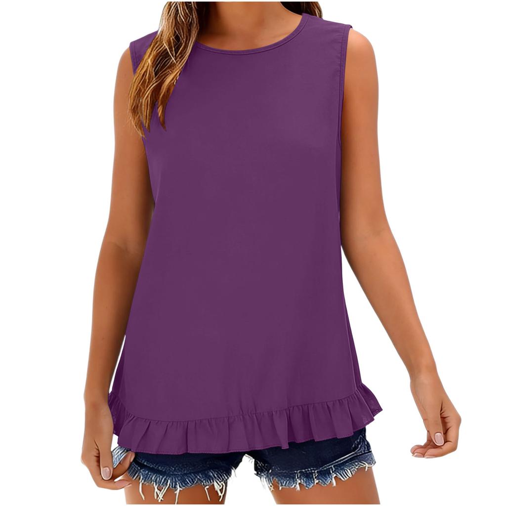 Women's Sleeveless Button Down Shirt Casual Summer Blouse Loose Fit Round Neck Ruffle Hem Lightweight Top