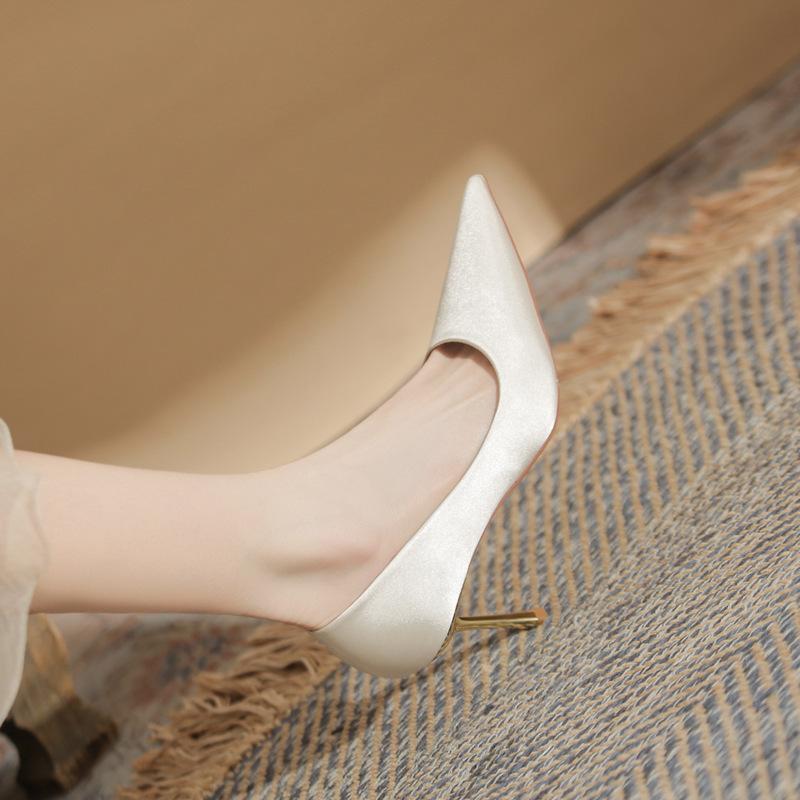 Women's Shoes Wedding High Heels Solid Color Silk Shoes Thin Heels Thin Women's Shoes Versatile Pointed Single Shoes Women's Summer