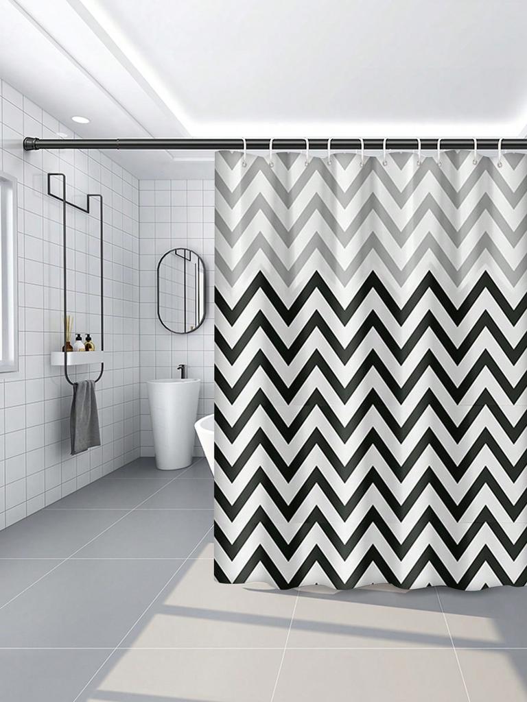 Modern Chevron Shower Curtain - Black & White Waterproof Peva Bathroom Decor