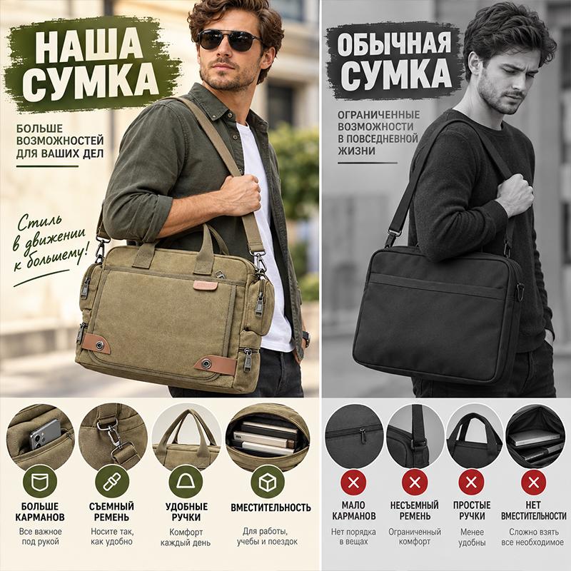Durable Canvas Men Laptop Messenger Bag, Multi‑compartment Briefcase Handbag with Detachable Strap, Vintage Crossbody Bag for Office Work