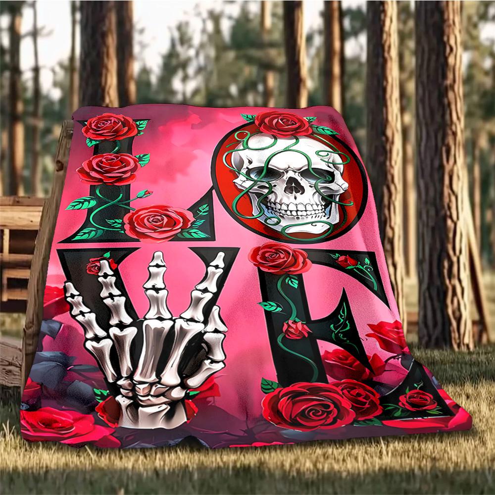 1pc Skull Roses Love Outdoor Blanket - Lightweight Flannel Throw For Travel, Camping, Gifts For Family Or Friends Yy251114268