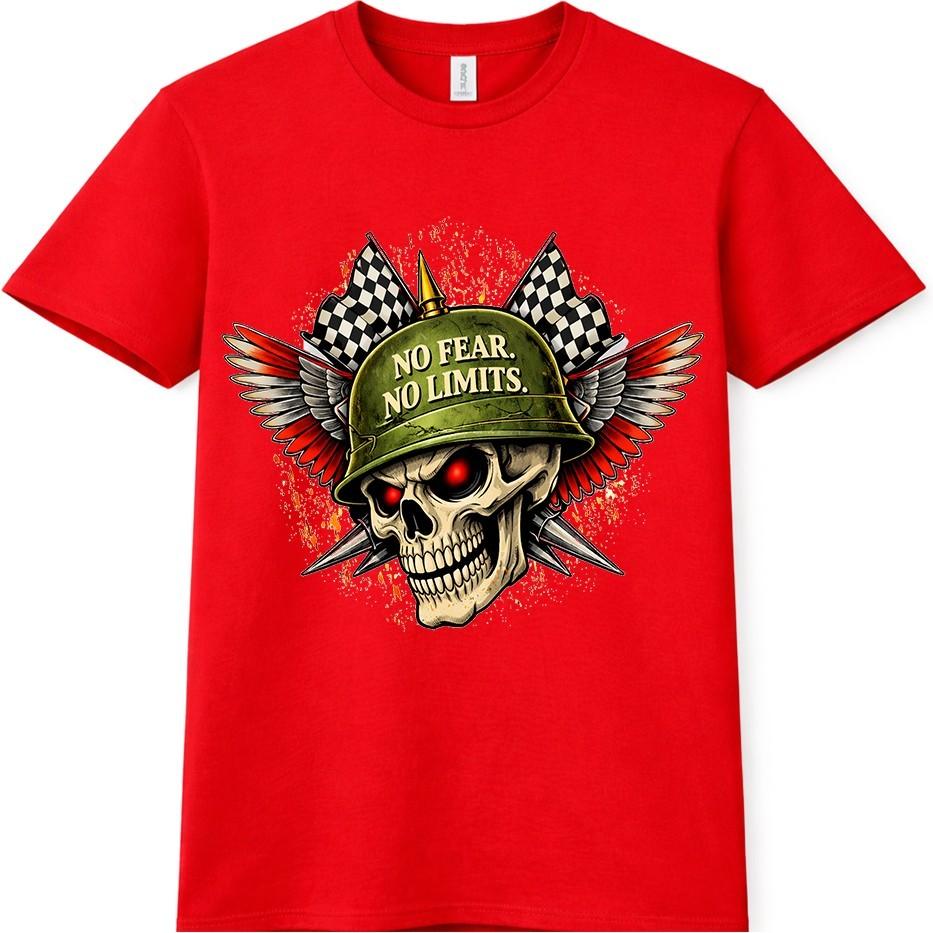 Skull Biker T Shirt No Fear No Limits Winged Helmet Racing Flags Graphic Tee S