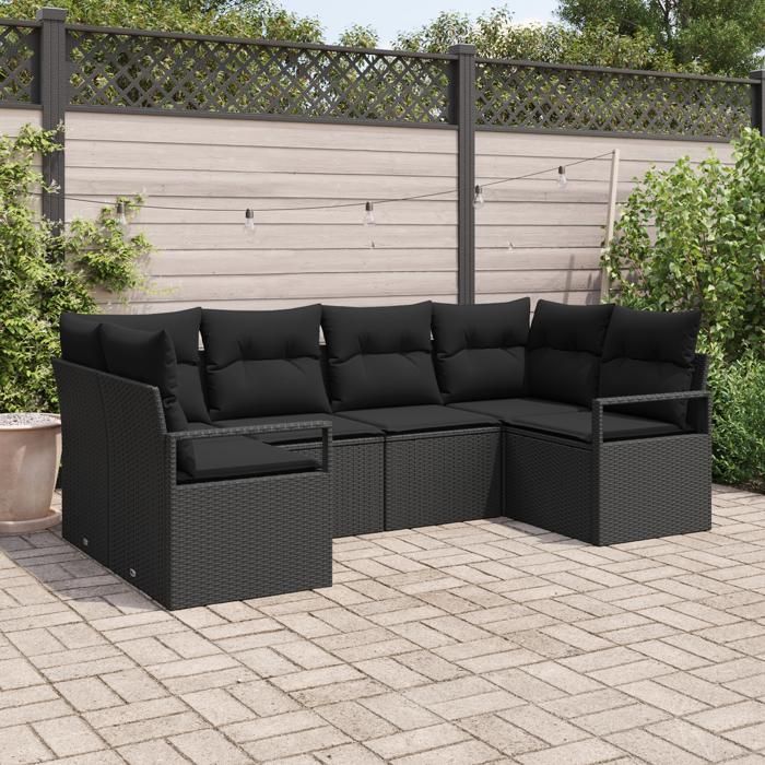 Ensemble de canapé de jardin de 6 pièces avec coussins noir en poly rotin, Canapé de jardin 2 places avec coussins noir 3346523