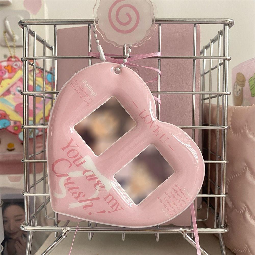 Portable Pink Card Case Heart-shaped Double-Grid Photos Protective Cover Bag Pendant Keychain Photo Card Holder